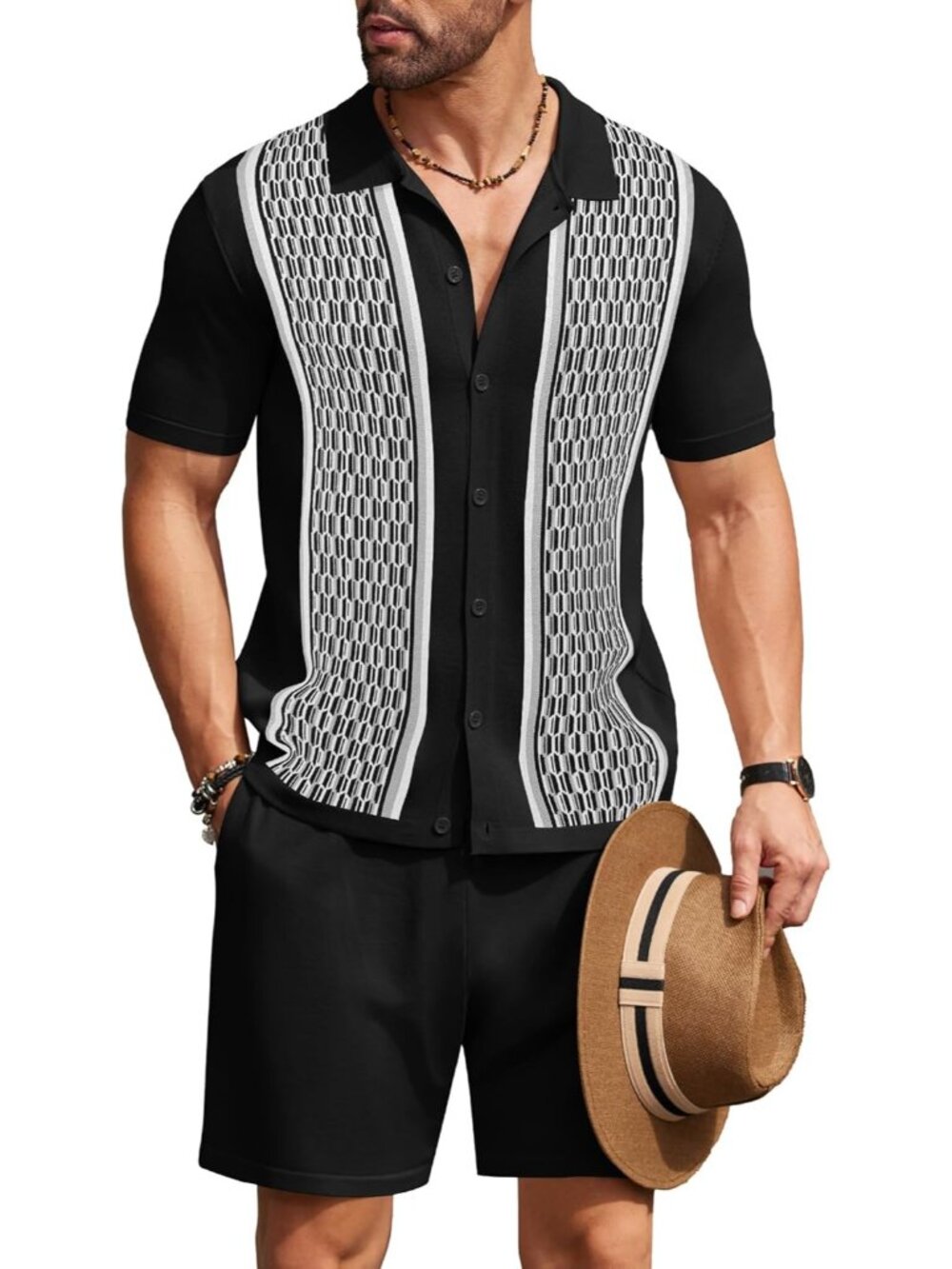 Coofandy Men's Black Vintage Short Sleeve Button Down Knit Polo Shirts